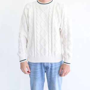 Vintage Quik Reflux  White Green Cable Knit 100% Cotton Crew Neck Sweater Large